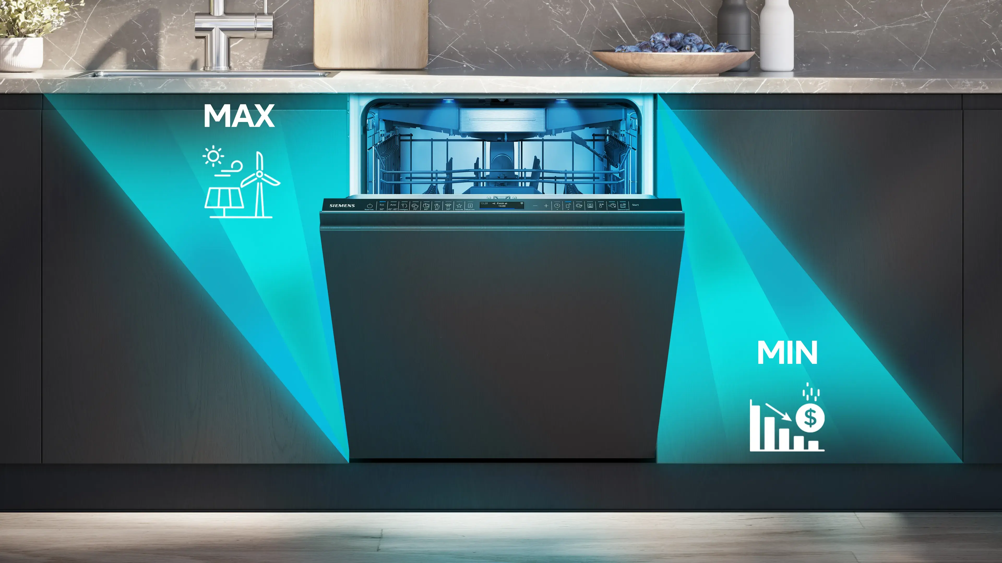 Siemens ELH Smart Start geöffneter Geschirrspüler spült automatisch wenn genug Strom aus Photovoltaik-Anlage o.ä. vorhanden ist